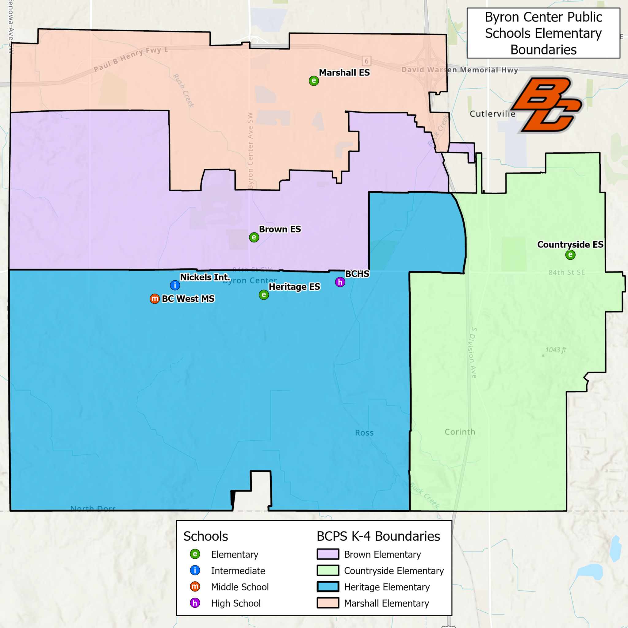 This is a map of Byron Center Public Schools' boundary line. The map outlines BCPS' four elementary schools; Brown, Marshall, Countryside and Heritage.